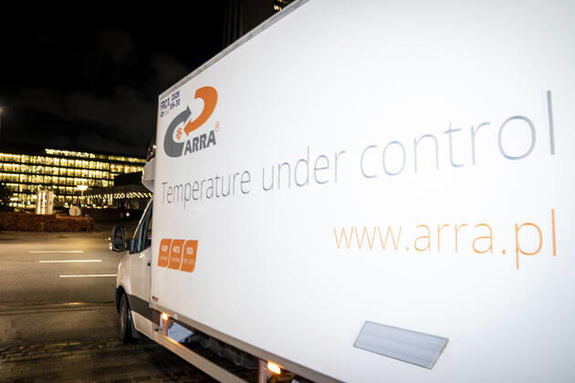 Polish refrigerated truck leaves the Statens Serum Institut after delivering Moderna covid 19 vaccines to SSI in Copenhagen, Tuesday 12 January 2021 There will be 5000 doses that will be used in the Region of Southern Denmark, Copenhagen Denmark Copyright: RitzauxScanpix MadsxClausxRasmussenx cop104 spdk20210112-084041-L