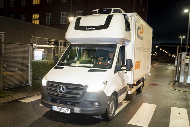 Polish refrigerated truck leaves the Statens Serum Institut after delivering Moderna covid 19 vaccines to SSI in Copenhagen, Tuesday 12 January 2021 There will be 5000 doses that will be used in the Region of Southern Denmark, Copenhagen Denmark Copyright: RitzauxScanpix MadsxClausxRasmussenx cop104 spdk20210112-084053-L