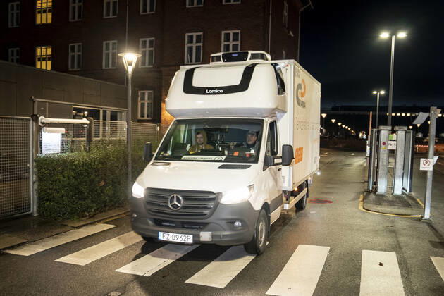 Polish refrigerated truck leaves the Statens Serum Institut after delivering Moderna covid 19 vaccines to SSI in Copenhagen, Tuesday 12 January 2021 There will be 5000 doses that will be used in the Region of Southern Denmark, Copenhagen Denmark Copyright: RitzauxScanpix MadsxClausxRasmussenx cop104 spdk20210112-084057-L