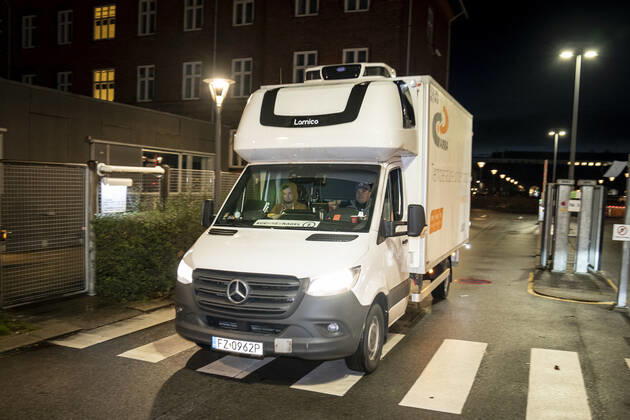 Polish refrigerated truck leaves the Statens Serum Institut after delivering Moderna covid 19 vaccines to SSI in Copenhagen, Tuesday 12 January 2021 There will be 5000 doses that will be used in the Region of Southern Denmark, Copenhagen Denmark Copyright: RitzauxScanpix MadsxClausxRasmussenx cop104 spdk20210112-084106-L