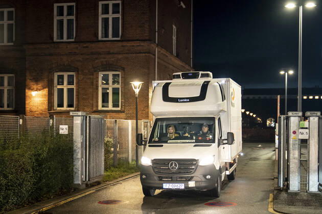 Polish refrigerated truck leaves the Statens Serum Institut after delivering Moderna covid 19 vaccines to SSI in Copenhagen, Tuesday 12 January 2021 There will be 5000 doses that will be used in the Region of Southern Denmark, Copenhagen Denmark Copyright: RitzauxScanpix MadsxClausxRasmussenx cop104 spdk20210112-084109-L