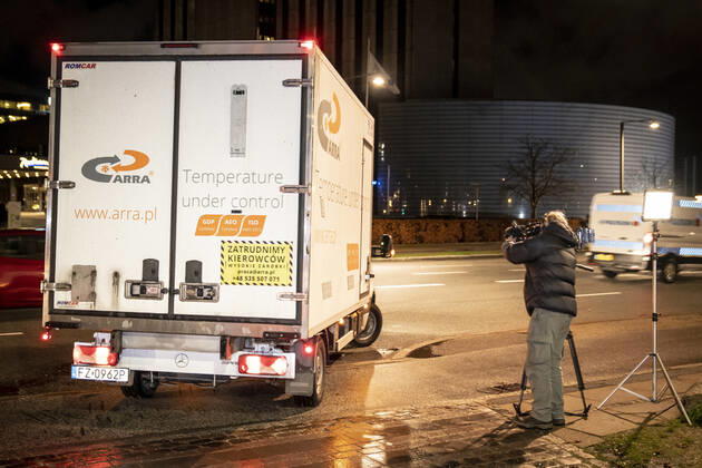 Polish refrigerated truck leaves the Statens Serum Institut after delivering Moderna covid 19 vaccines to SSI in Copenhagen, Tuesday 12 January 2021 There will be 5000 doses that will be used in the Region of Southern Denmark, Copenhagen Denmark Copyright: RitzauxScanpix MadsxClausxRasmussenx cop104 spdk20210112-084643-L