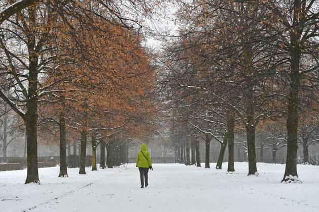 Theme image Winter in the coronavirus pandemic prolonging lockdown until 31 January 2021, city of Munich looking into the Hofgarten only one perosn walks on a snowy path on 12 01 2021