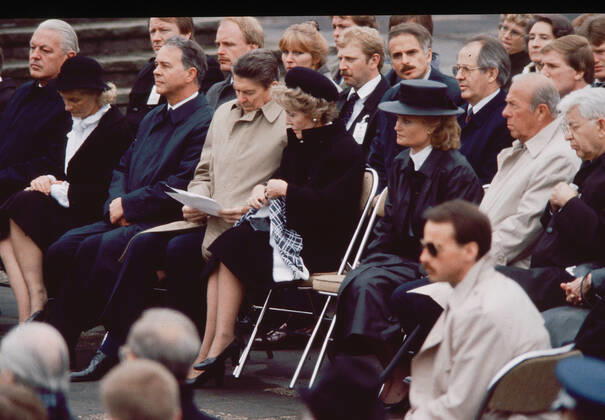 Concentration camp Bergen Belsen, On the morning of May 5, 1985, Helmut and Hannelore Kohl and Ronald and Nancy Reagan visited Bergen Belsen, where they commemorated the victims of National Socialism at the mass graves. In his speech, Reagan declared that there must be no forgetting, Prime Minister Ernst Albrecht,