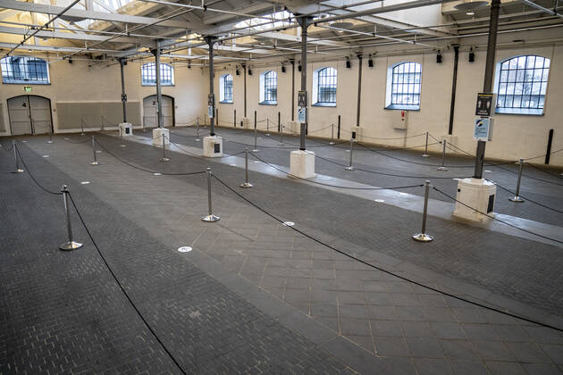 Waiting area in connection with the first vaccine center in the Capital Region opening in OEksnehallen, at Halmtorvet in Copenhagen, Wednesday 13 January 2021, Copenhagen Denmark  Copyright: RitzauxScanpix MadsxClausxRasmussenx COP101 spdk20210113-124908-L