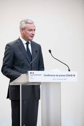 Paris, France, January 14, 2021 - French Economy and Finance Minister Bruno Le Maire speaks during a press conference in Paris on January 14, 2021, on the current French government strategy for the ongoing coronavirus (Covid-19) epidemic.  Copyright: xAlexisxSciardx