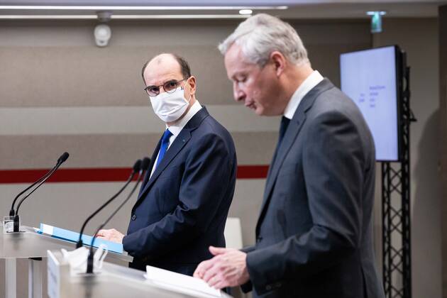 Paris, France, January 14, 2021 - French Economy and Finance Minister Bruno Le Maire (R) speaks next to French Prime Minister Jean Castex during a press conference in Paris on January 14, 2021, on the current French government strategy for the ongoing coronavirus (Covid-19) epidemic.  Copyright: xAlexisxSciardx