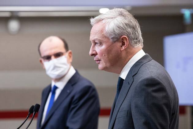 Paris, France, January 14, 2021 - French Economy and Finance Minister Bruno Le Maire (R) speaks next to French Prime Minister Jean Castex during a press conference in Paris on January 14, 2021, on the current French government strategy for the ongoing coronavirus (Covid-19) epidemic.  Copyright: xAlexisxSciardx