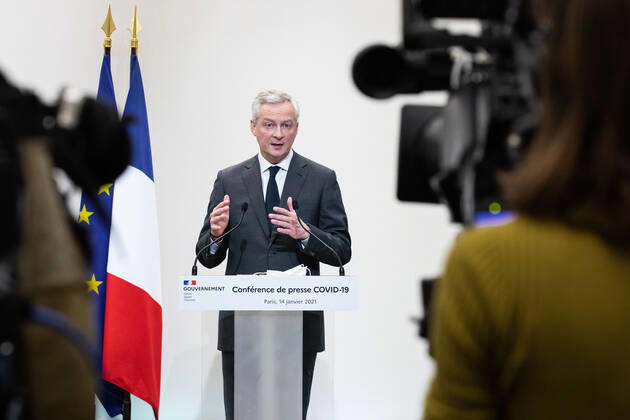 Paris, France, January 14, 2021 - French Economy and Finance Minister Bruno Le Maire speaks during a press conference in Paris on January 14, 2021, on the current French government strategy for the ongoing coronavirus (Covid-19) epidemic.  Copyright: xAlexisxSciardx