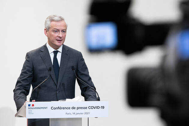 Paris, France, January 14, 2021 - French Economy and Finance Minister Bruno Le Maire speaks during a press conference in Paris on January 14, 2021, on the current French government strategy for the ongoing coronavirus (Covid-19) epidemic.  Copyright: xAlexisxSciardx