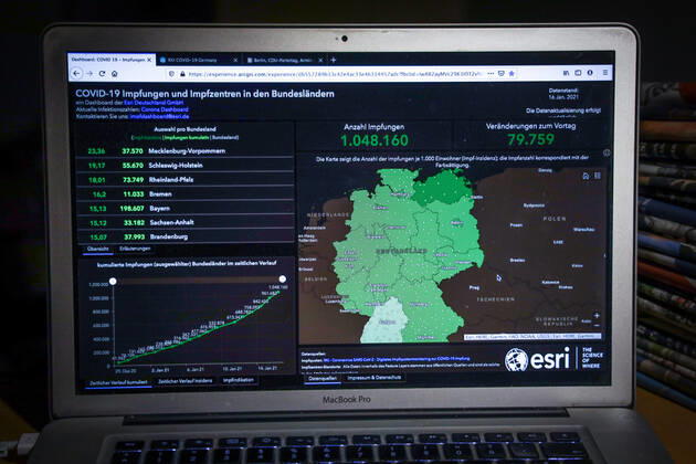Coronavirus in Germany COVID 19 Vaccinations Dashboard 16 01 2021 Esri Deutschland GmbH based on the Digital Vaccination Rate Monitoring for COVID 19 Vaccination of the RKI Number of vaccinations 1 048 160 Data as of 16 01 2021