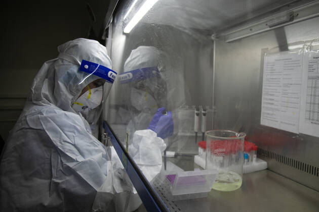 News Bilder des Tages January 18, 2021, Kathmandu, Nepal: A laboratory technologist Srijana Adhikari wearing a personal protective equipment (PPE) seen processing the COVID-19 samples at the Bidh Lab..Nepal has confirmed that a new variant of coronavirus has entered Nepal as well. Issuing a statement on Monday the Ministry of Health and Population stated that three out of six people who arrived here from the UK a few days ago are found infected with the new variant. Kathmandu Nepal - ZUMAs197 20210118_zaa_s197_111 Copyright: xPrabinxRanabhatx