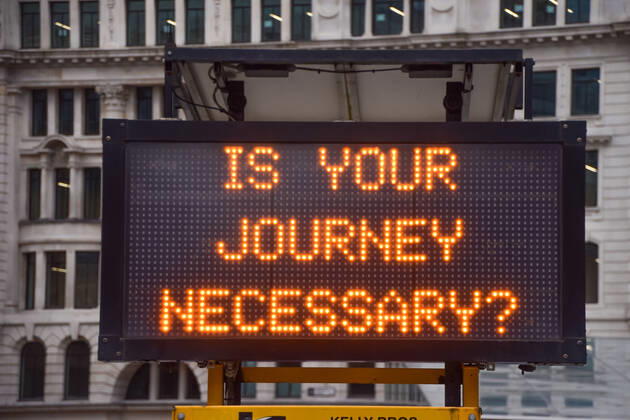 January 19, 2021, London, United Kingdom: Is Your Journey Necessary? sign outside Liverpool Street Station in London..England remains under lockdown as the government battles to keep the coronavirus pandemic under control. London United Kingdom - ZUMAs197 20210119_zab_s197_011 Copyright: xVukxValcicx