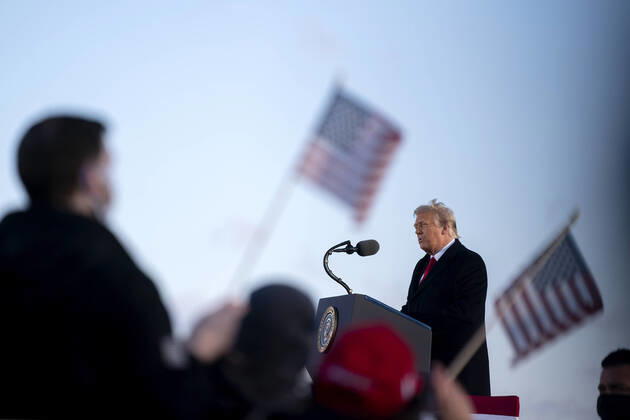 U.S. President Donald Trump speaks during a farewell ceremony at Joint Base Andrews, Maryland, U.S., on Wednesday, Jan. 20, 2021. Trump departs Washington with Americans more politically divided and more likely to be out of work than when he arrived, while awaiting trial for his second impeachment - an ignominious end to one of the most turbulent presidencies in American history. Copyright: xCNPx xMediaPunchx