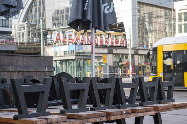 Health Corona Virus Impact Impact of Corona Crisis In the picture A closed street cafe on Berlins Alexanderplatz 20 1 2021, Berlin
