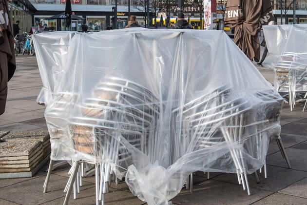 Health Corona Virus Impact Impact of Corona Crisis In the picture A closed street cafe on Berlins Alexanderplatz 20 1 2021, Berlin