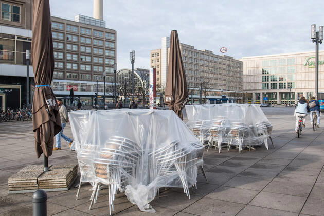 Health Corona Virus Impact Impact of Corona Crisis In the picture A closed street cafe on Berlins Alexanderplatz 20 1 2021, Berlin