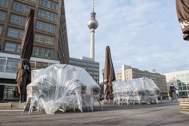 Health Corona Virus Impact Impact of Corona Crisis In the picture A closed street cafe on Berlins Alexanderplatz 20 1 2021, Berlin