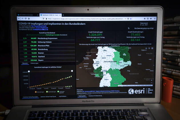 Coronavirus in Germany COVID 19 Vaccinations Dashboard 22 01 2021 Esri Deutschland GmbH based on the Digital Vaccination Rate Monitoring for COVID 19 Vaccination of the RKI Number of first vaccinations 1 324 091 Changes from previous day 64 777 Data as of 21 01 2021