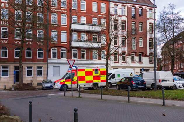An emergency ambulance of the German Red Cross on duty in the city centre of Kiel