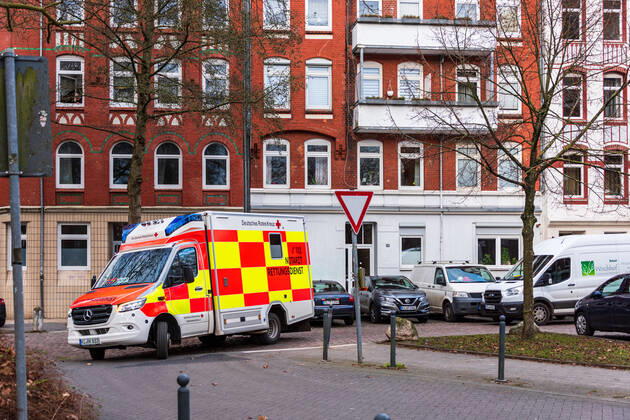 An emergency ambulance of the German Red Cross on duty in the city centre of Kiel