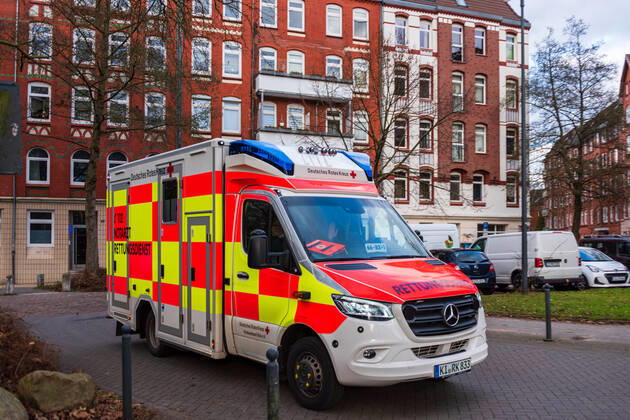 An emergency ambulance of the German Red Cross on duty in the city centre of Kiel