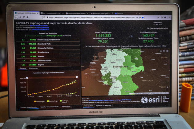 Coronavirus in Germany COVID 19 Vaccinations Dashboard 23 01 2021 Esri Deutschland GmbH based on the Digital Vaccination Rate Monitoring for COVID 19 Vaccination of the RKI Number of first vaccinations 1 469 353 Changes from the previous day 79 301 Number of second vaccinations 163 424 Changes from the previous day 27 435 Data as of 23 01 2021
