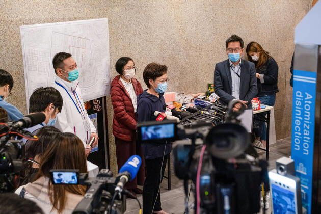January 23, 2021, Hong Kong, China: Carrie Lam, Hong Kong s Chief Executive wearing a face mask speaks to the media after inspecting an area in Jordan locked down by the government to contain the coronavirus (Covid-19) outbreak..Hong Kong has imposed its first Covid-19 lockdown in a densely-populated area to curb the spread of the coronavirus. Hong Kong China - ZUMAs197 20210123_zaa_s197_061 Copyright: xIsaacxWongx