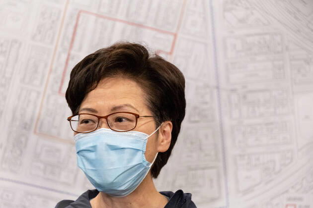 January 23, 2021, Hong Kong, China: Carrie Lam, Hong Kong s Chief Executive wearing a face mask speaks to the media after inspecting an area in Jordan locked down by the government to contain the coronavirus (Covid-19) outbreak..Hong Kong has imposed its first Covid-19 lockdown in a densely-populated area to curb the spread of the coronavirus. Hong Kong China - ZUMAs197 20210123_zaa_s197_065 Copyright: xIsaacxWongx