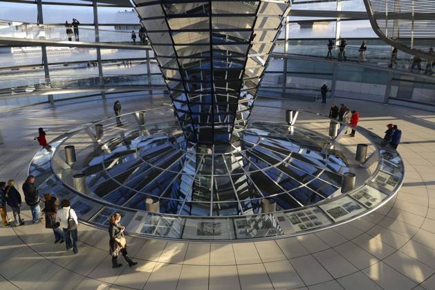 Interior with mirrored central column of the Reichstag dome, Reichstag Berlin, architect Sir Norman Foster, Berlin, Germany, Europe mcpins mcpins