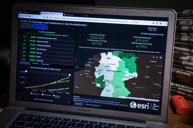 Coronavirus in Germany COVID 19 Vaccinations Dashboard 03 02 2021 Esri Deutschland GmbH based on the Digital Vaccination Rate Monitoring for COVID 19 Vaccination of the RKI Number of first vaccinations 2 033 561 Changes from previous day 43 725 Number of second vaccinations 679 649 Changes from previous day 61 952 Data as of 03 02 2021
