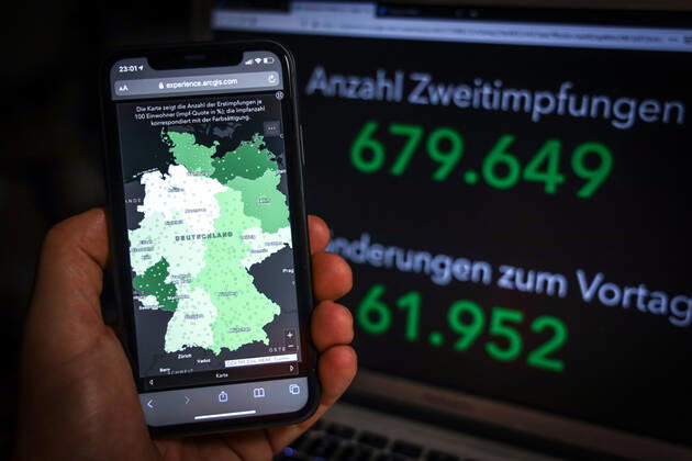Coronavirus in Germany COVID 19 Vaccinations Dashboard 03 02 2021 Esri Deutschland GmbH based on the Digital Vaccination Rate Monitoring for COVID 19 Vaccination of the RKI Number of first vaccinations 2 033 561 Changes from previous day 43 725 Number of second vaccinations 679 649 Changes from previous day 61 952 Data as of 03 02 2021
