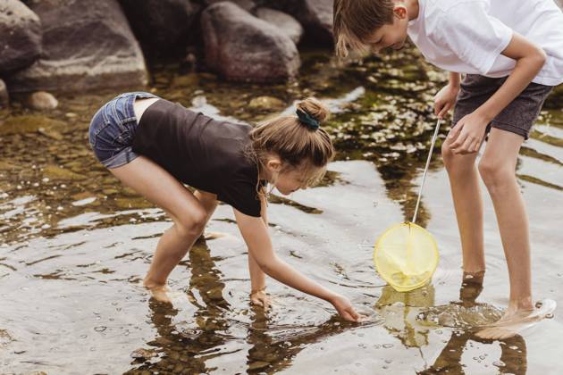 IMAGO Creative, Jahreszeit Sommer, Sommerferien IMAGO Creative: Klimawandel - Umwelterziehung Brother and sister fishing in sea during vacation Sweden, Gothenburg, model released Copyright: xMaskotx , MA83867