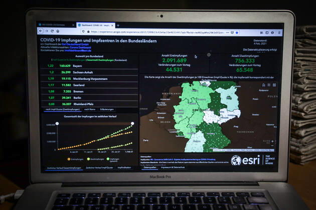 Coronavirus in Germany COVID 19 Vaccinations Dashboard 04 02 2021 Esri Deutschland GmbH based on the Digital Vaccination Rate Monitoring for COVID 19 Vaccination of the RKI Number of first vaccinations 2 091 689 Changes from the previous day 44 531 Number of second vaccinations 756 333 Changes from the previous day 65 548 Data as of 04 02 2021