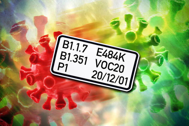 PHOTOMONTAGE, mutating coronavirus, symbol photo virus mutation ** NUR FUER REDAKTIONELLE ZWECKE ** EDITORIAL USE ONLY **