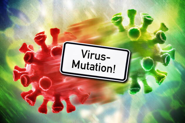 PHOTOMONTAGE, mutating coronavirus, symbol photo virus mutation ** NUR FUER REDAKTIONELLE ZWECKE ** EDITORIAL USE ONLY **