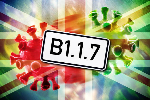 PHOTOMONTAGE, Mutant coronavirus, British variant B1 1 7 ** NUR FUER REDAKTIONELLE ZWECKE ** EDITORIAL USE ONLY **