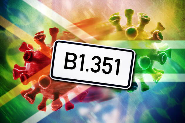 PHOTOMONTAGE, Mutating coronavirus, symbol photo South African variant B1 351 ** NUR FUER REDAKTIONELLE ZWECKE ** EDITORIAL USE ONLY **