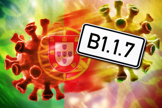 PHOTOMONTAGE, Mutating coronavirus, symbol photo portuguese mutation ** NUR FUER REDAKTIONELLE ZWECKE ** EDITORIAL USE ONLY **