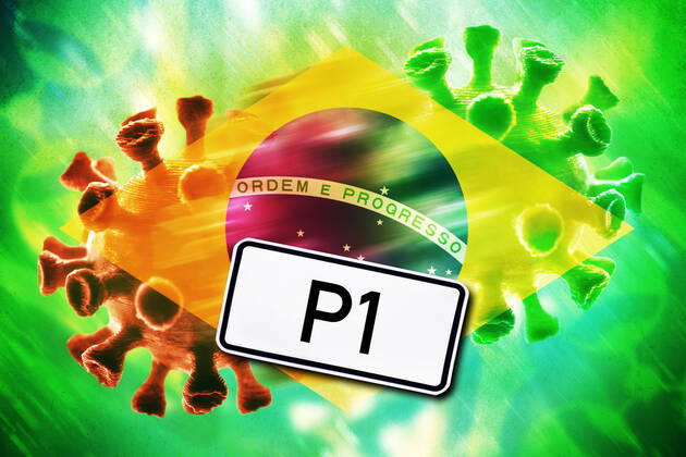 PHOTOMONTAGE, Mutating coronavirus, symbol photo Brazilian variant P1 ** NUR FUER REDAKTIONELLE ZWECKE ** EDITORIAL USE ONLY **