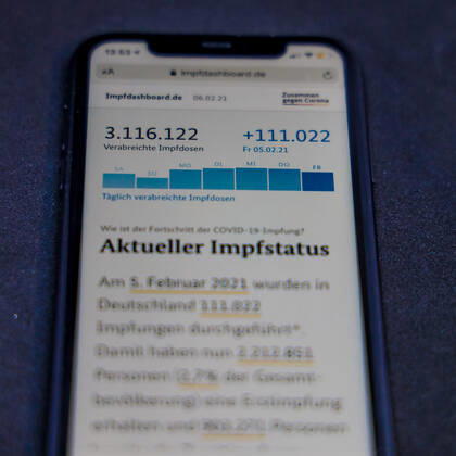 Vaccination dashboard of the Federal Ministry of Health Current vaccination status DEU, Germany, Berlin, 06 02 2021 Impfdashboard de Stand 06 Februar 2021, 10 15 Uhr, angezeigt auf einem iPhone Fortschritt der COVIDâ â 19â â vaccination.