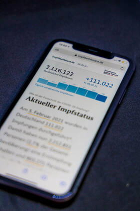 Vaccination dashboard of the Federal Ministry of Health Current vaccination status DEU, Germany, Berlin, 06 02 2021 Impfdashboard de Stand 06 Februar 2021, 10 15 Uhr, angezeigt auf einem iPhone Fortschritt der COVIDâ â 19â â vaccination.