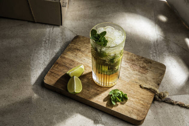 From above of refreshing cold alcoholic mojito with ice mint leaves and cut lime on wooden board Copyright: xPabloxGarciax Model Released