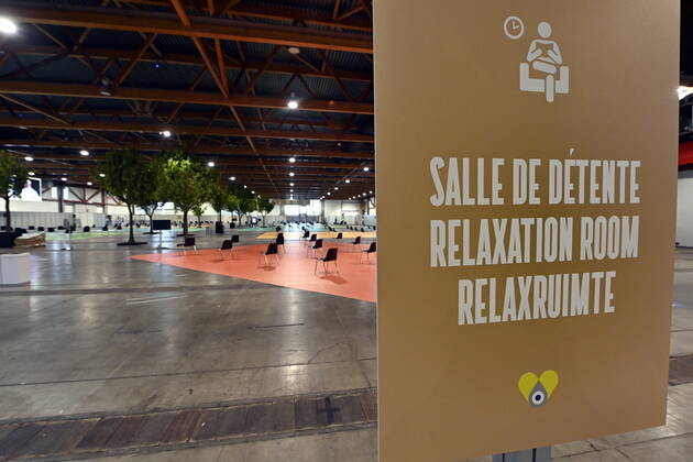 Illustration shows the Brussels Expo exposition halls at the Heizel-Heysel site, one of the locations where a vaccination village is installed in the Brussels region, Monday 08 February 2021.  ERICxLALMAND 2640270