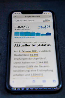 Vaccination dashboard of the Federal Ministry of Health Current vaccination status DEU, Germany, Berlin, 09 02 2021 Impfdashboard de Status 09 February 2021, 13 10 clock, displayed on an iPhone progress of COVIDâ â 19â â vaccination.