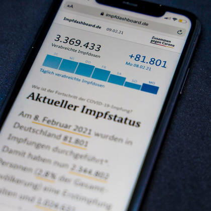 Vaccination dashboard of the Federal Ministry of Health Current vaccination status DEU, Germany, Berlin, 09 02 2021 Impfdashboard de Status 09 February 2021, 13 10 clock, displayed on an iPhone progress of COVIDâ â 19â â vaccination.