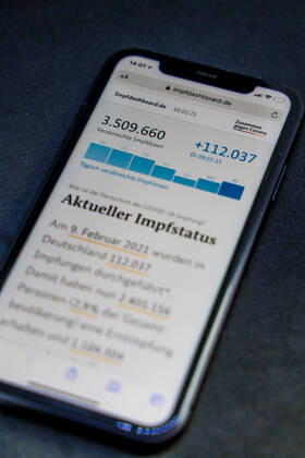 Vaccination dashboard of the Federal Ministry of Health Current vaccination status DEU, Germany, Berlin, 10 02 2021 Impfdashboard de Status 10 February 2021, 12 15 clock, displayed on an iPhone progress of COVIDâ â 19â â vaccination.