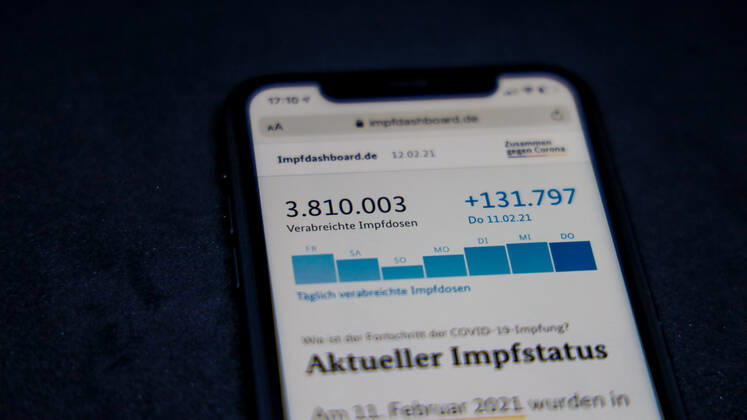 Vaccination dashboard of the Federal Ministry of Health Current vaccination status DEU, Germany, Berlin, 12 02 2021 Impfdashboard de As of 12 February 2021, 11 45 am, displayed on an iPhone Progress of COVIDâ â 19â â vaccination.