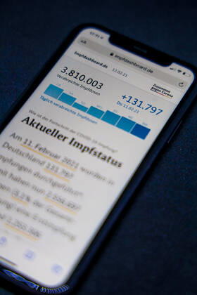 Vaccination dashboard of the Federal Ministry of Health Current vaccination status DEU, Germany, Berlin, 12 02 2021 Impfdashboard de As of 12 February 2021, 11 45 am, displayed on an iPhone Progress of COVIDâ â 19â â vaccination.