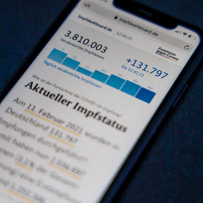 Vaccination dashboard of the Federal Ministry of Health Current vaccination status DEU, Germany, Berlin, 12 02 2021 Impfdashboard de As of 12 February 2021, 11 45 am, displayed on an iPhone Progress of COVIDâ â 19â â vaccination.